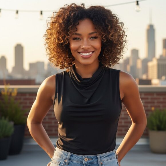 EXPRESS Black Cowl Neck Sleeveless Bodysuit L One Piece Shell Drape Neck Thong - Picture 16 of 16